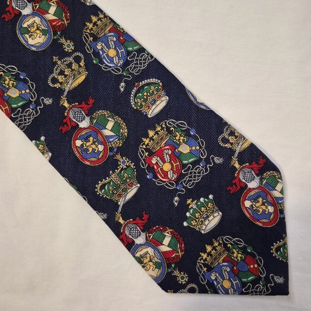 Tommy Hilfiger‎ Tie Mens Navy Blue Heraldic Crest Crown 100% Italian Silk USA